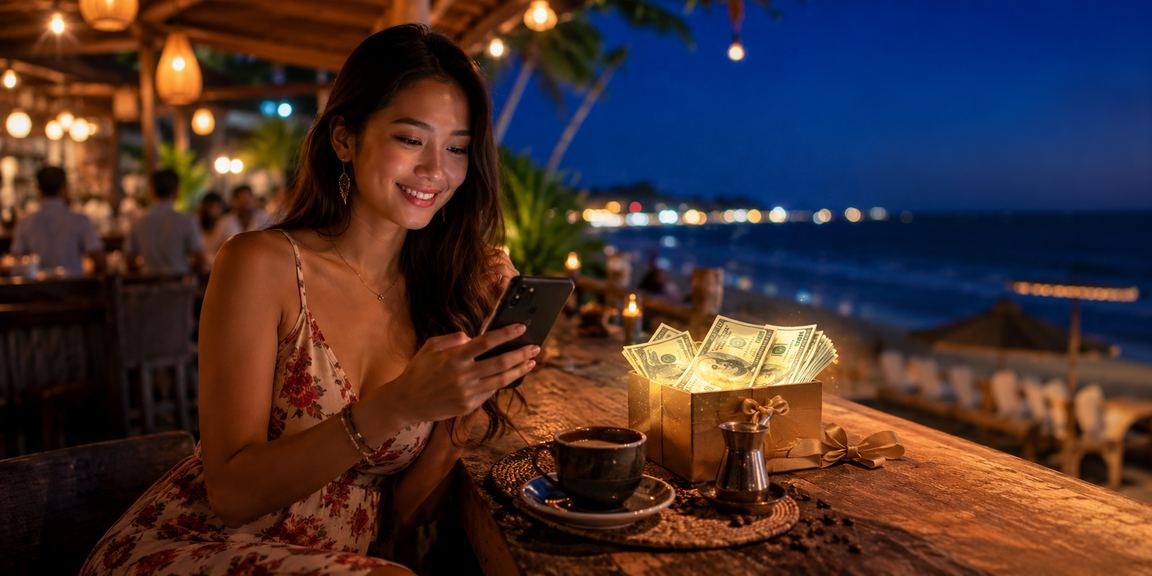 Pengguna menikmati aplikasi kasino sambil minum kopi di kafe