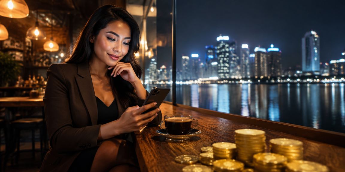 Pengguna bermain casino mobile sambil menikmati kopi di kafe