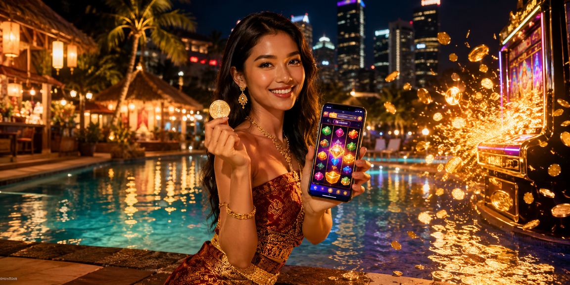 Seorang pemain wanita menikmati permainan slot di perangkat mobile