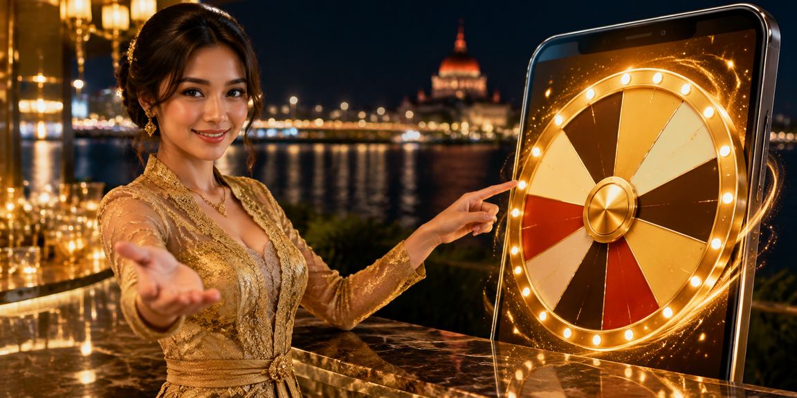 Seorang model bergaya di depan mesin undian dalam suasana kasino